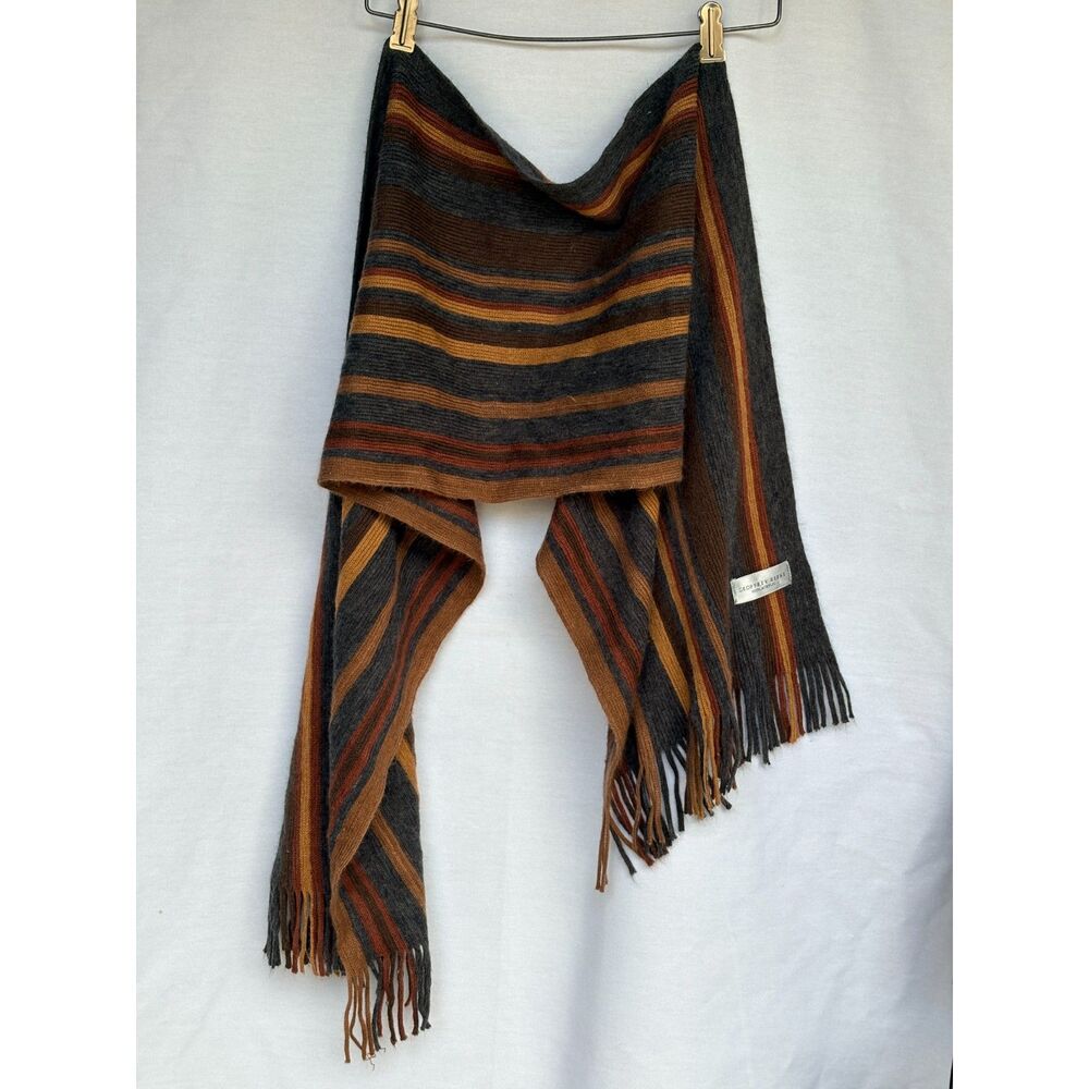 Geoffrey Beene Vintage Striped Ribbed Knit Fringe Scarf Earth Tone Brown